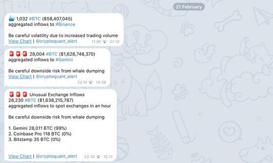 A screenshot of CryptoQuant Alerts Telegram message on Feb. 21.